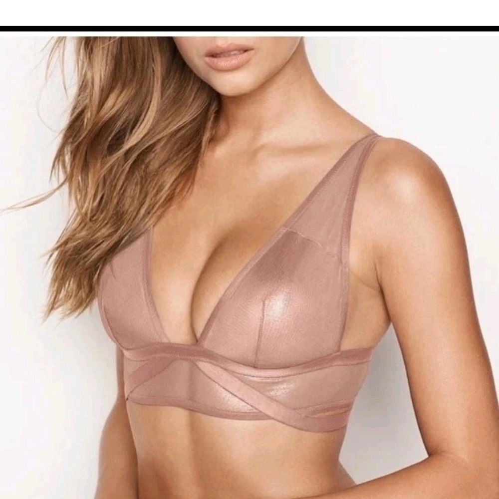 Victoria's Secret Nude Pink Metallic Mesh Bralette Bra Strappy Band SMALL